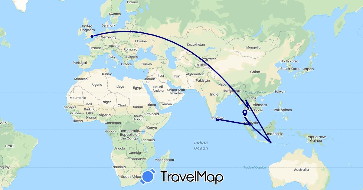 TravelMap itinerary: driving in United Kingdom, Indonesia, Sri Lanka, Malaysia, Singapore, Thailand (Asia, Europe)